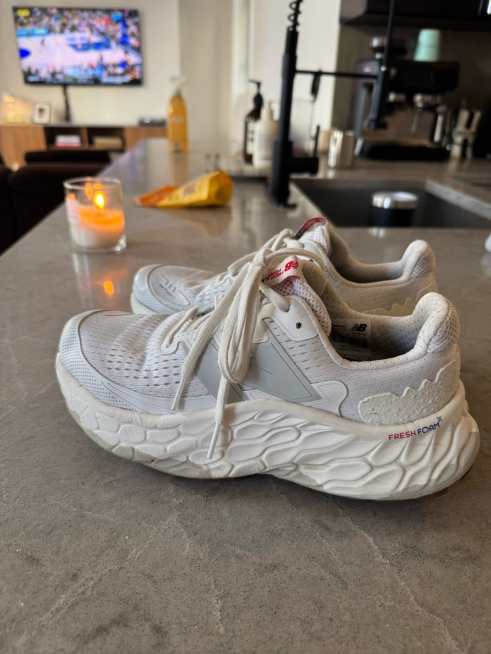 New Balance White Fresh Foam Athletic Sneakers with Subtle Red Accent